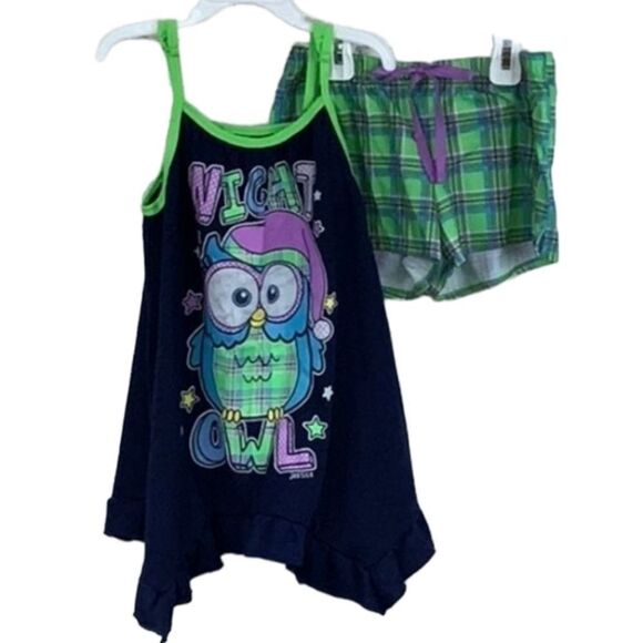 Justice 2pc Night Owl Pajama Set Girls Size 8 Navy Top Neon Green Plaid Short PJ - Picture 1 of 8